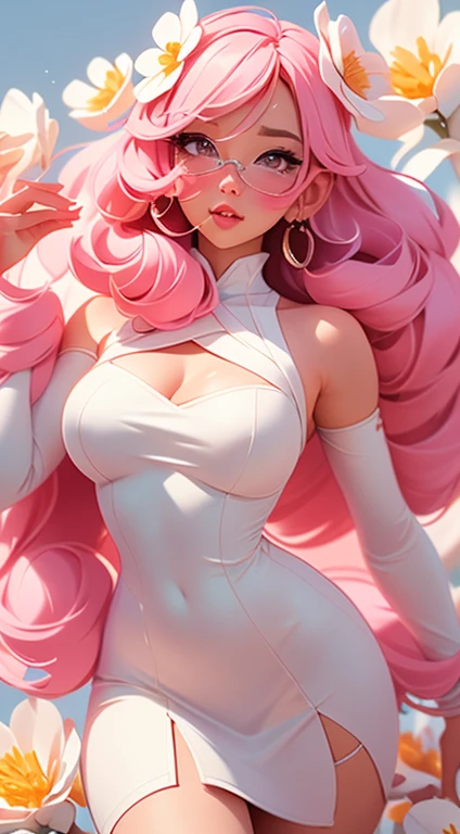 A stunning cosplay photo featuring Princess Peach in a white biker jumpsuit, showcasing her wide hips and voluptuous figure. The jumpsuit is adorned with pink gloves and accents, emphasizing her iconic color scheme. Princess Peach is depicted on the back of a white motorcycle, her long hair flowing in the breeze. The background is a vibrant cityscape, with the sun setting behind her, casting a warm glow on the scene., photo