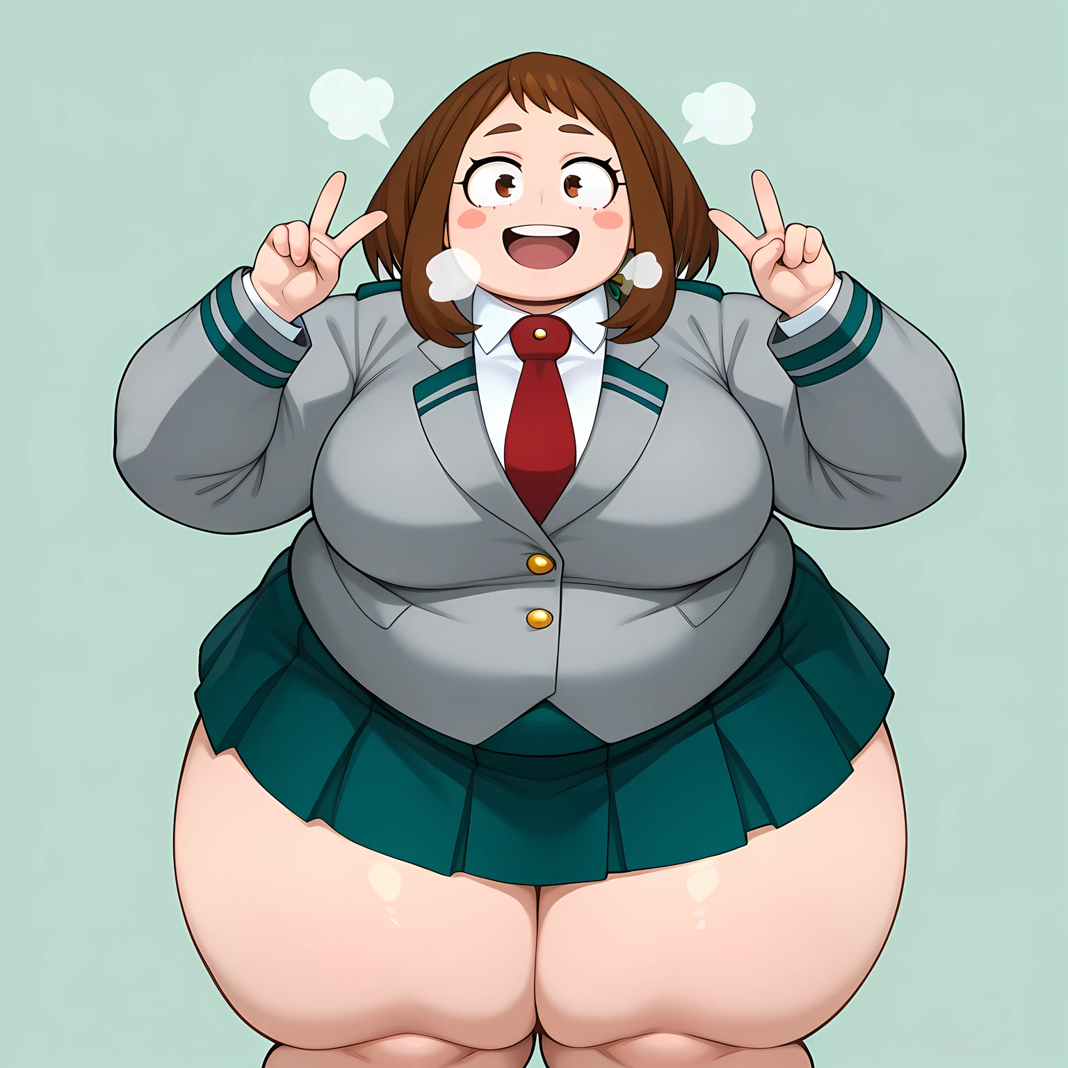 ((masterpiece:1.2)), (best quality), CG, manga, anime, @minamiaomori, (((mob face))), ((|_|)), (simple black eyes), (no mouth), 1girl, solo, school uniform, yellow cardigan, green bowtie, blue pleated mini skirt, short hair, brown hair, wide hips, long legs, full body view, medium breasts, thick thighs, cowboy shot, (simple background),