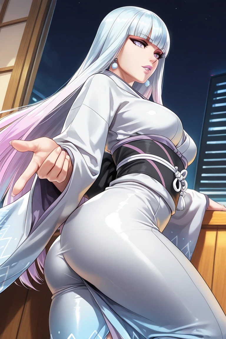 ((Masterpiece)), best quality, absurderes, ultra detailed, holographic, cowboy shot, golden ratio, leaning forward, showing cleavage, holding , super cute girl, mature girl, idol girl, super beautiful asian girl, Emilia re:zero, purple eyes, Emilia, crown braid, x hair ornament, flower hair ornament, white hair, very long hair, medium breasts, high ponytail, nice and sexy body, slim body, perfect body, an anime printed super tight off shoulder long sleeve crop top, a super aesthetic transparent mini jacket, beautiful hair ornament, lavender jordan tennis, being photographed in a mall shop,( undressing, showing lavender panties, showing thong: 1.5)