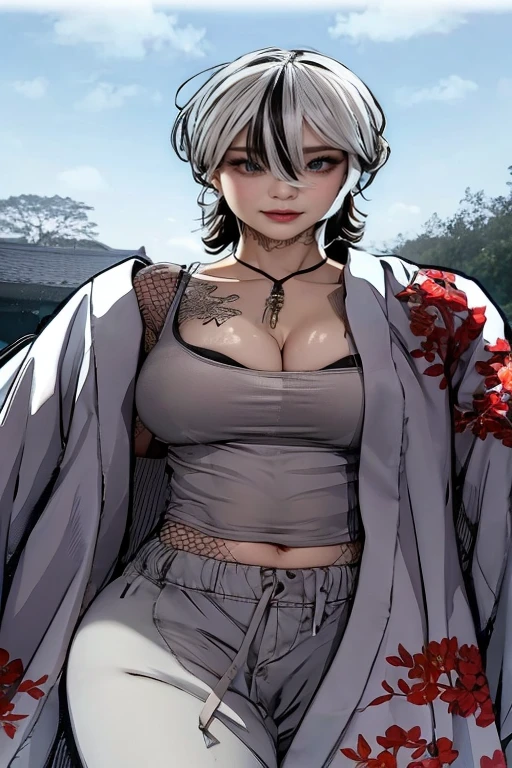 masterpiece, best quality,girl, solo, white hair, black hair, multicolored hair, x-shaped pupils, black eyes, solo, cherry blossoms, hanami, pink flower, white flower, spring season, wisteria, petals, flower, plum blossoms, outdoors, falling petals, (large breast),thick thighs, ,undersized clothes,((white open jacket,cleavage,bra,clothing malfucntion,exposed bra,black leggings, black with red accent pleated skirt)),commercial photography,at night, lights, High Detail, Sharp focus, (photorealism), realistic, best quality, 8k, award winning, dramatic lighting, epic, cinematic, masterpiece, rim light, ambient fog:1.3, dutch angle, depth of field,8k uhd, high quality, motion blur, depth blur, cinematic, filmic image 4k, (unlit face:1.4), (unlit:1.3), (full body shot:1.1), (very dark:1.1, underexposed:1.1),(unbuttoned shirt,skindentation,blush,suprised face:1.5),commercial,at night, lights, High Detail, Sharp focus, (photorealism), realistic, best quality, 8k, award winning, dramatic lighting, epic, cinematic, masterpiece, rim light, ambient fog:1.3, dutch angle, depth of field,8k uhd, high quality, motion blur, depth blur, cinematic, filmic image 4k,