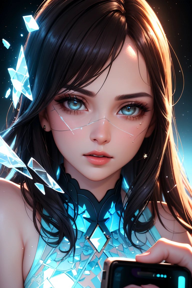 (absurdres, highres, ultra detailed), 1woman, mature female, aged up, wavy long hair, auburn hair, coral eyes, bangs, long sleeves, finely detailed eyes and detailed face, extremely detailed CG unity 8k wallpaper, intricate details, (style-swirlmagic:1.0),  looking at viewer, solo, upper body, detailed background, close up,  detailed face, (gothic dark ages theme:1.1), crystal sorcerer,  dynamic pose, earth themed clothes, crystal crown,  floating in the air, glowing magical shards, surrounded by blue magical crystals,  rock formations, stalactites,  magical floating particles, crystal glass,  crystal sphere, crystal canyon background, (shallow water:0.7),  epic ethereal atmosphere,   updraft,, portrait
