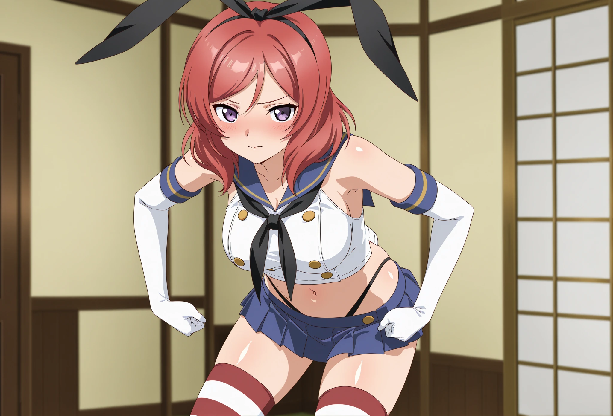 smile,  <lora:AstolfoFate:0.8> astswimsuit, single braid, collarbone,  <lora:ShimaCos3070:1> shimacos, crop top, thighhighs, elbow gloves, microskirt. For the panties you can use black panties, highleg panties, bulge,  <lora:Lora_bg:1> bulge,, ultra detailed, masterpiece, best quality, aesthetic, detailed,