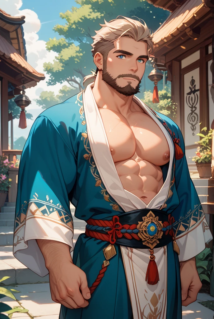 [:film grain, analog photo of :0.25] a monk with blue hair in a temple wearing an intricate robe, bara, manly, chest hair, pecs, (prayer beads:0.8), stubble, dark-skinned male
