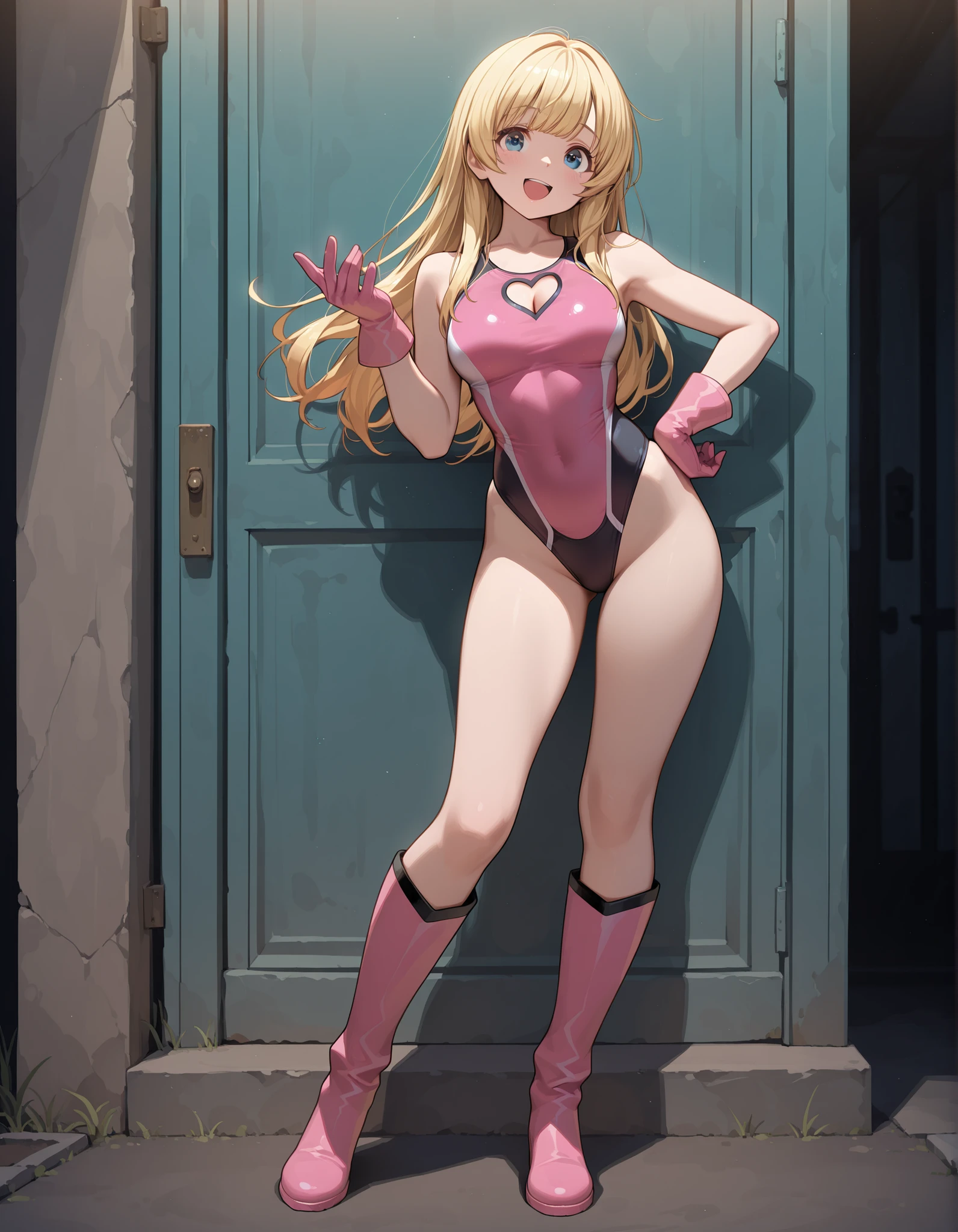 masterpiece, best quality, highres, 1girl, solo, superhero, leotard, bare legs, matching boots, sleeveless, looking at viewer, perfect hands, perfect eyes, perfect leotard, perfect legs, perfect arms, perfect fingers, medium breasts, pink leotard, standing, (blonde hair), long hair, knee boots, blue eyes, heart cutout, cute face, hair down, bangs, sleeveless, pink gloves, pink footwear, cleavage cutout, smile, full body with costume, Character Sheet Full-Length,