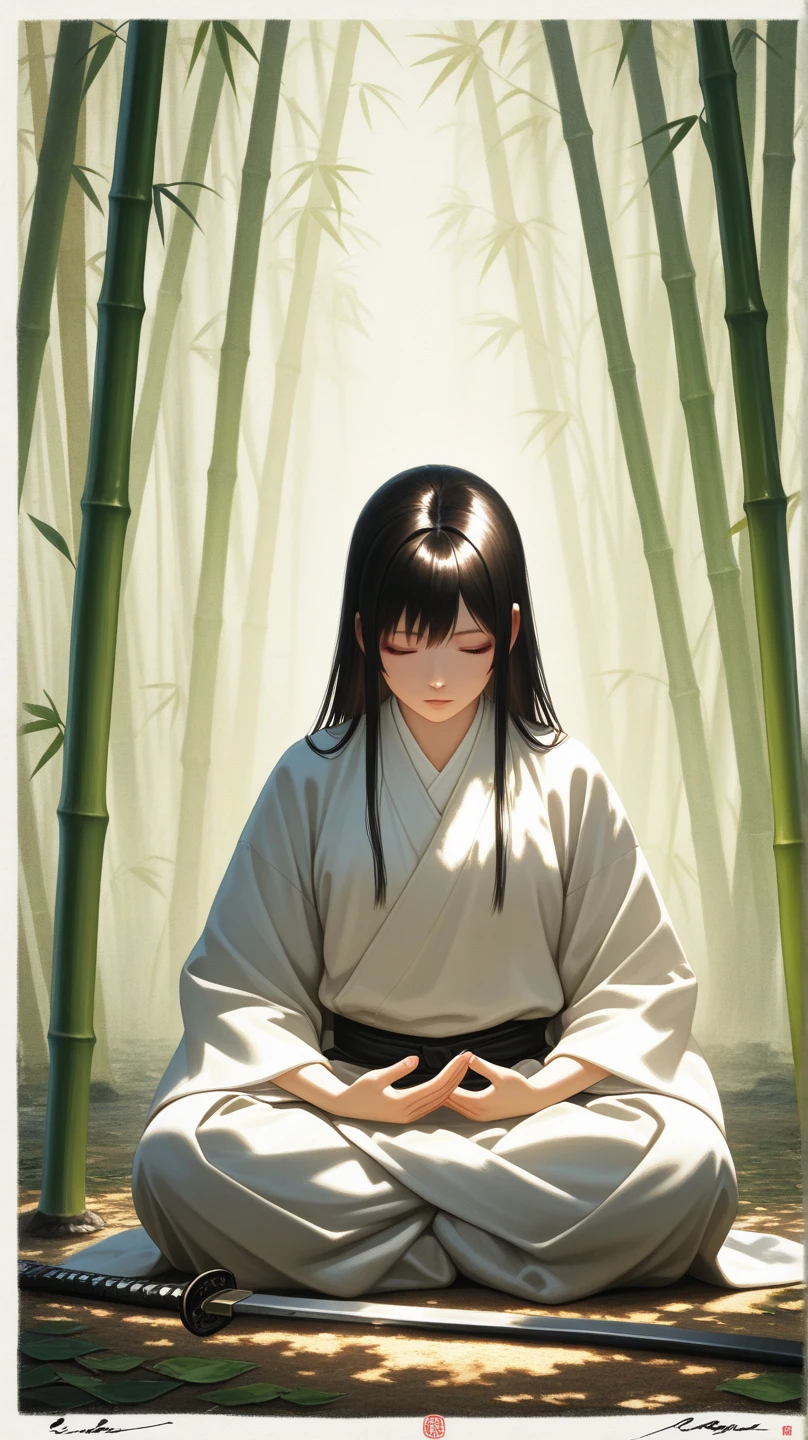 A detailed picture of a monk sitting meditation, could be sitting under a big tree, full body, eyes closed. his head shaved bald. Buddhism style. The monk clothing drapes elegantly but do not expose the body , and the dark yellow, could be in nature, background contrasts sharply with the monk, making it the focal point. The overall ambiance of the image is peacefully, emphasized by the play of light and shadow. Wide shot. front view. Realistic, Hyper detailed.