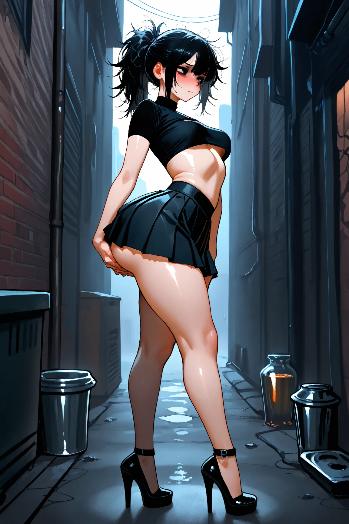 Masterpiece, best quality, ultra detailed:2, Linda Belcher from Bob's Burgers, red and black accent brassiere, lifted leather micro skirt, urban alley, steam coming from manhole covers, graffiti covered walls, absurd detail:2, moonlit lighting, shooting stars in sky,, nsfw