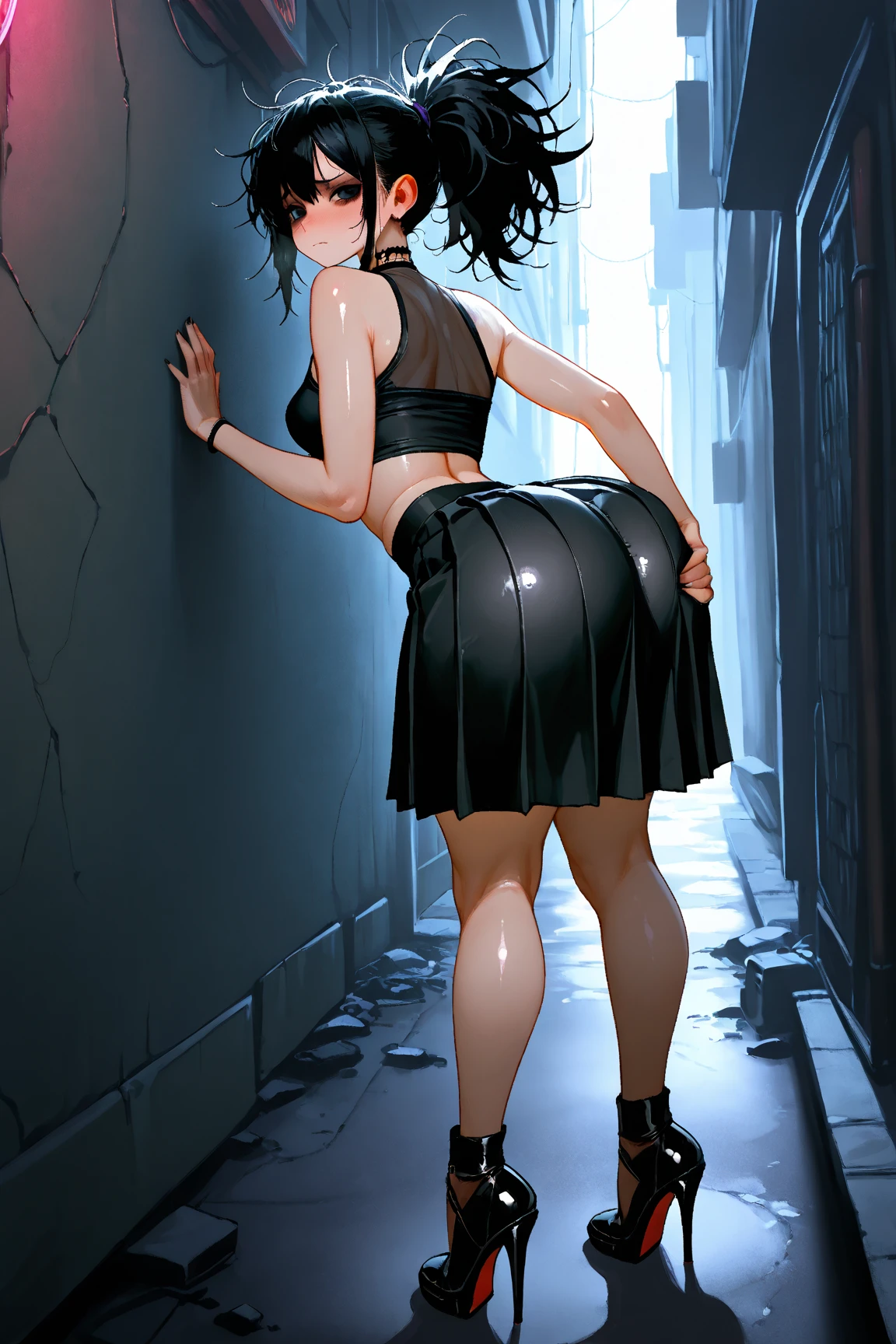 neve campbell, short black hair, grey dress, neve campbell face, cameltoe, panties, upskirt, from below , pee, peeing, piss, pissing, in the street, have to pee, peeing self, scared face, open mouth, swide eyes