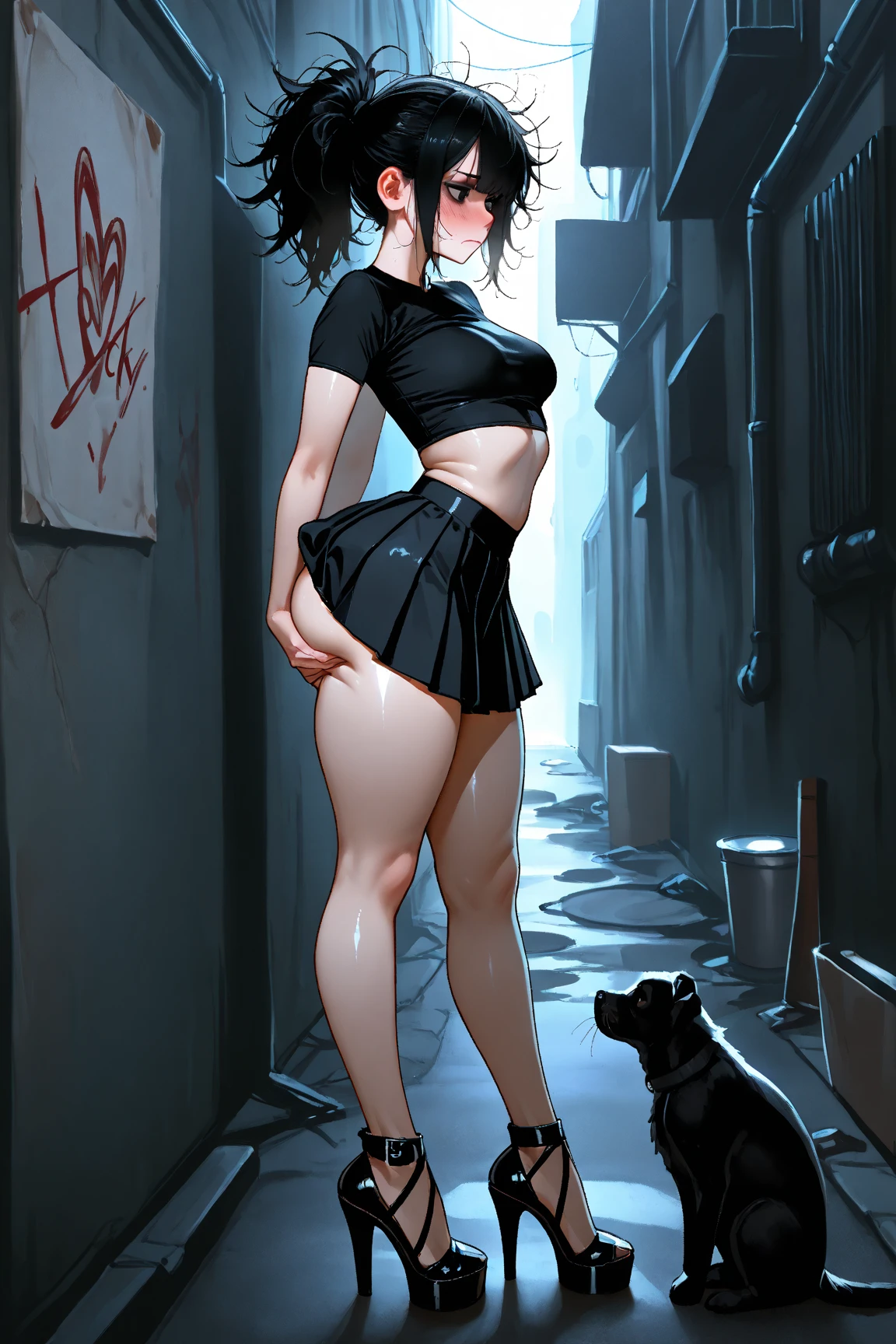 (8k, RAW photo, best quality, masterpiece:1.2),ultra-detailed, (high detailed skin:1.2), 8k uhd, dslr, soft lighting, high quality, 1girl, hot, bangs, black_lipstick, biker_jacket, pantyhose, hotpants, squatting, in dark_alley, puddles, solo, stars, moon, night, neon, <lora:l_lb_lbeac_sd_64_32:0.8> lipbite, expression