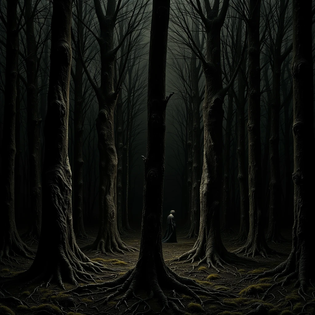 a monster in the woods, hidden by night, triangular shaped head, long patchy hair across entire body, lanky, really long torso, on all fours, staring at you, 4 bright white eyes, hidden in shadows, in the woods at night, horrifying encounter, cryptid, shrouded entirely in darkness