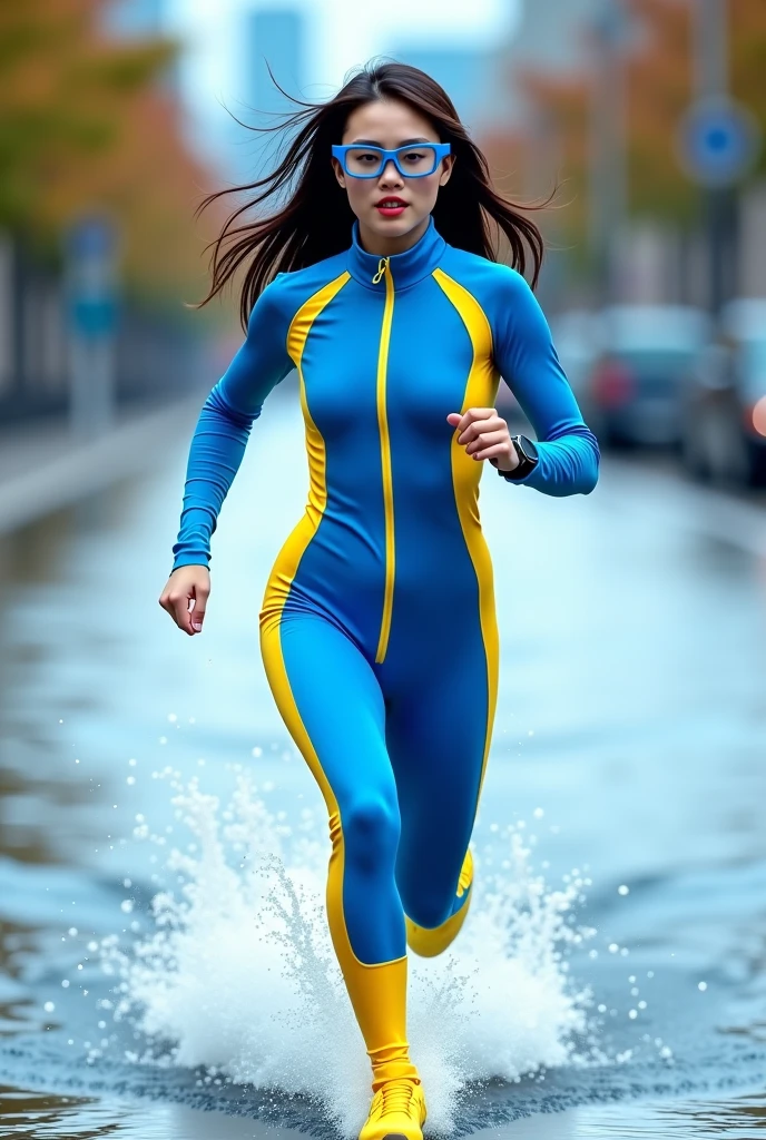 15 year old female person, whole body, modeling skin-hugging lycra clothing, raindrops hitting your soft body