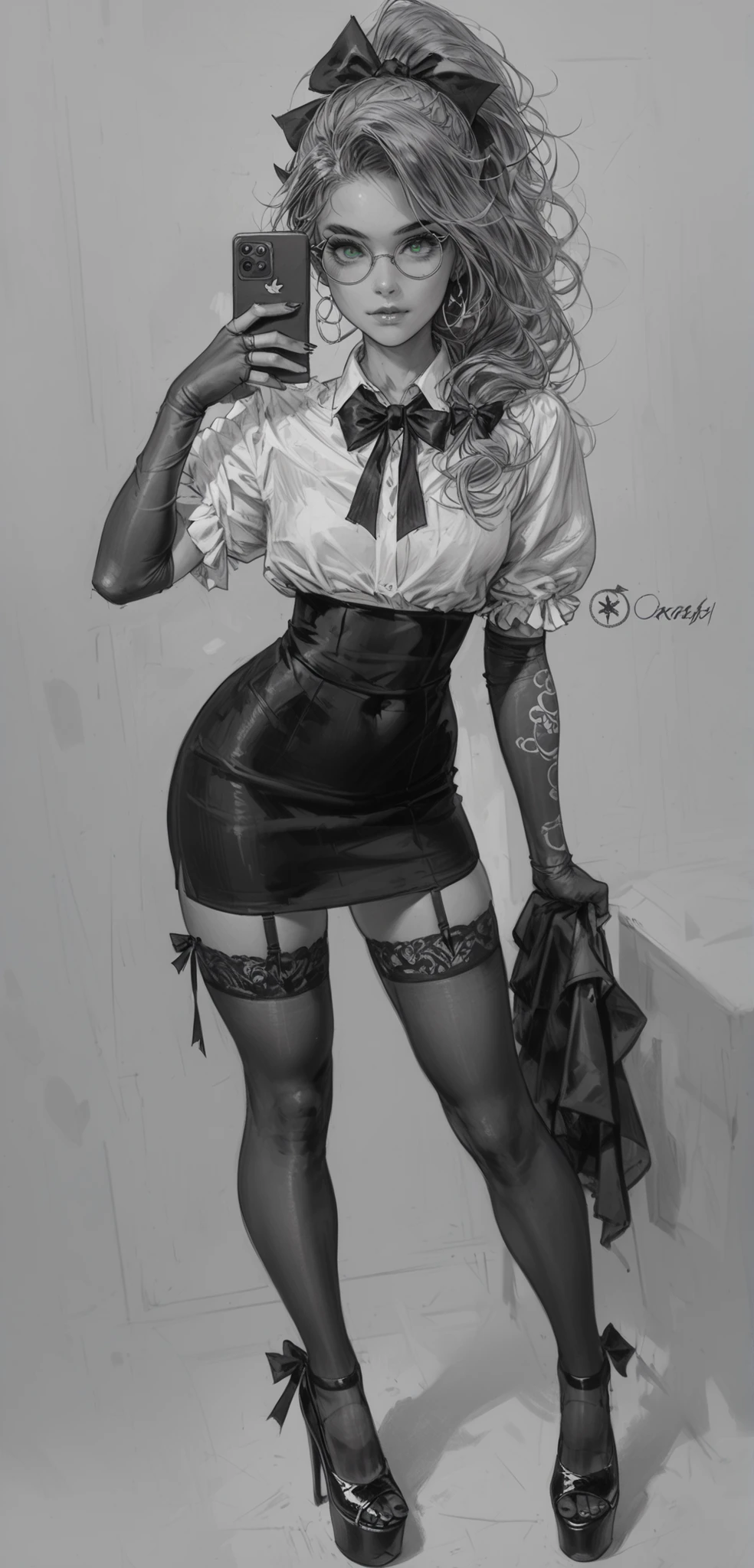 Freehand sketch style with a simple pencil. (((black and white))) . Young woman with blonde brown hair, bob haircut straight hair , 18 years old, skinny, not tall , green eyes, . wide hips . round glasses. naked. sexy. Tattooed right arm and shoulder. Sexy naughty secretary, long pencil skirt with slit, ribbons. Sexy stockings with garters and ribbons. High heel and platform shoes. lace long elbow high gloves. One long ponytail. Monochrome. Pearls and ribbons. Raw sketch pencil art. Sexy seduction posing selfie