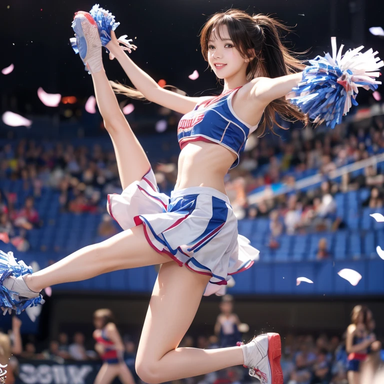 A beautiful cheerleader are dancing on stage with one leg up, fractal art