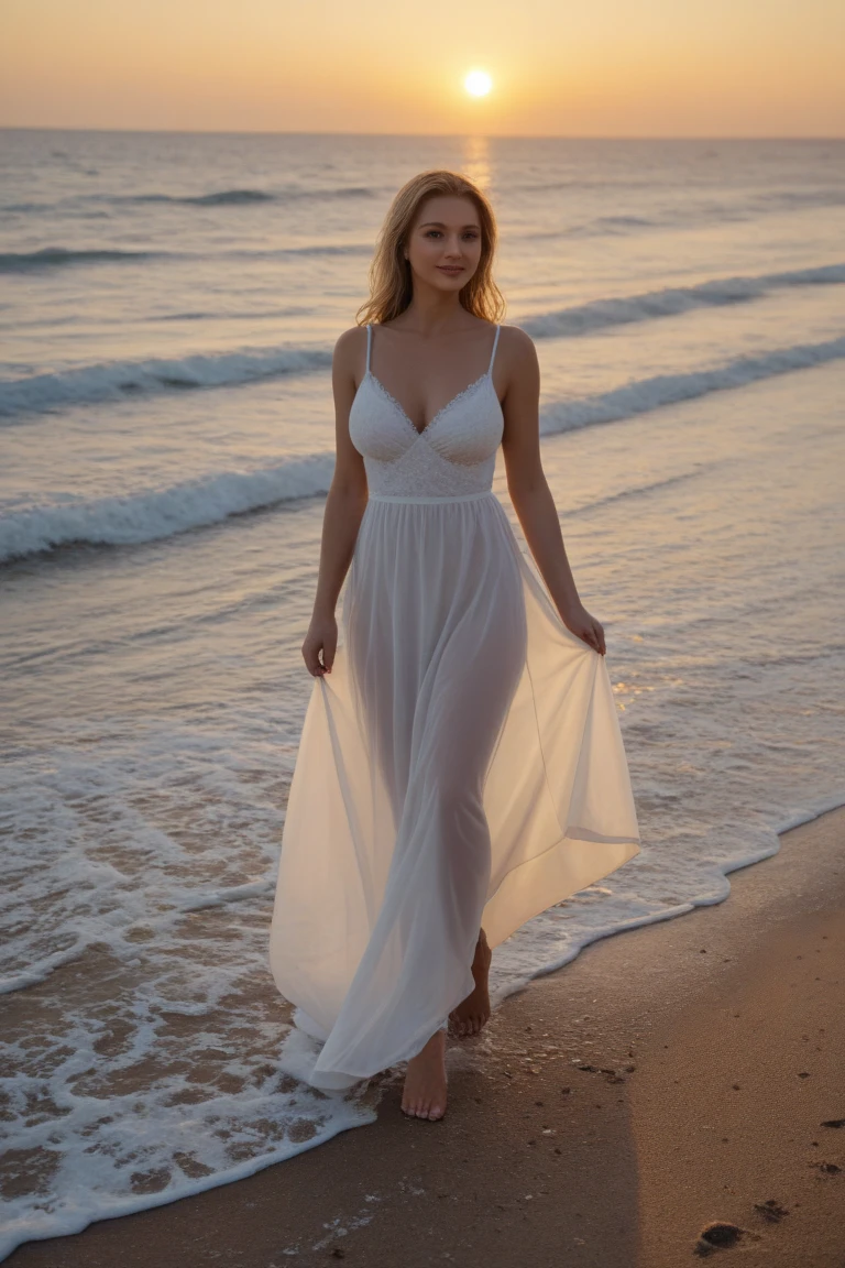 (masterpiece, best quality:1.5), highest quality, High resolution, super detailed, Realists, Full body photo of a blonde 22 year old woman, detailed and beautiful eyes, beautiful detailed lips, very detailed eyes and face, longeyelashes, 22 year old woman in a summer dress, Beautiful and colorful makeup, elegant and noble々Pose,shiny satin headband,, Beach and sea as background, bright daylight, bright colors, fine brushstrokes, Portrait style, beautiful color palette, glowing skin, First-class rendering, that captures every detail, enchanting atmosphere, (perfect anatomy:1.2), (Stunning woman wears summer dress with lace chiffon (magnificent panorama view:1.2)