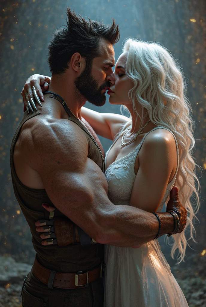 a strong man, Cao Cao, Jhon snow style, 30years. Cabelos 小柄s, intensely kissing an 1 girl, blonde with golden threads. under the light of the full moon, in a room like those in an ancient castle She is half-naked, ele está na frente dela a pressionando na parede

Ele é mais Cao Cao que ela, he has a bit of messy and loose hair, 小柄