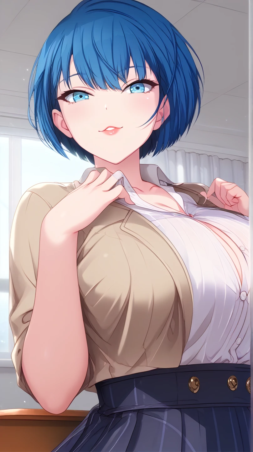 nsfw, (Kurokawa Akane)1girl, solo, best quality, black hair, blue eyes, short hair, medium braest, open legs, ((masterpiece)), ((best quality)), (ultra-detailed), ((1girl)), (beautiful detailed eyes), extremely detailed face, ((masterpiece)), ((best quality)), ((( detailed sky background))), (beautiful detailed eyes), Kurokawa Akan, akane,smile,locking at view,Onoff -On/Off,