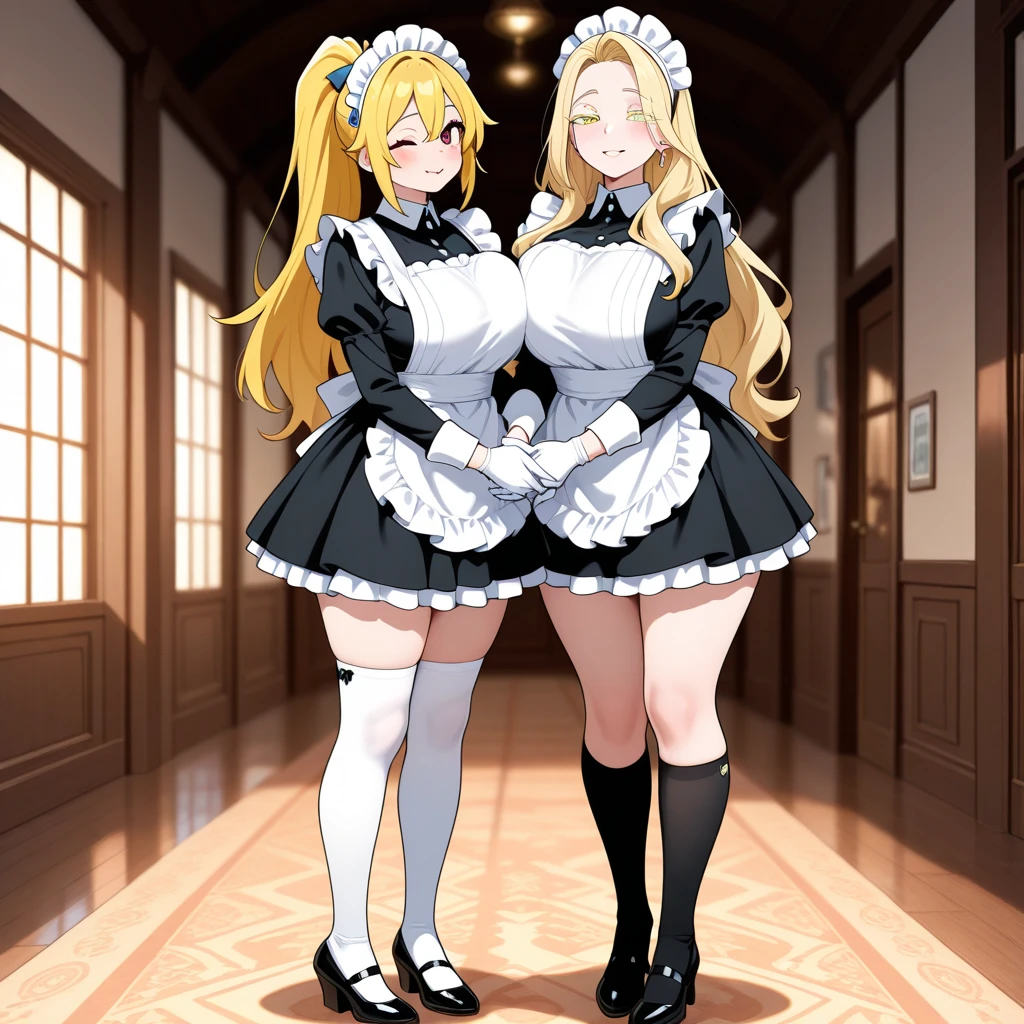 young woman, half body view, cute face, wide hips, wearing maid outfit, micro skirt, little crown, <lora:A_PrincessPeach:1>