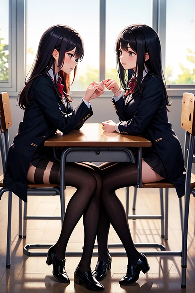 (masterpiece, highest quality, highest quality, official art, beautiful and aesthetic:1.2), (2 girls), highly detailed eyes, (fractal art:1.3), colorful, most detailed, (perfect face), shiny skin, HDR,School,classroom,night,OL,shiny pantyhose,high heels,mature woman,black hair,black eyes,red makeup,red nail polish,Red pedicure,sit on the desk,spread legs,pussy,hands off shoes,Watery eye,facing each other,kiss,舌を絡めたkiss,