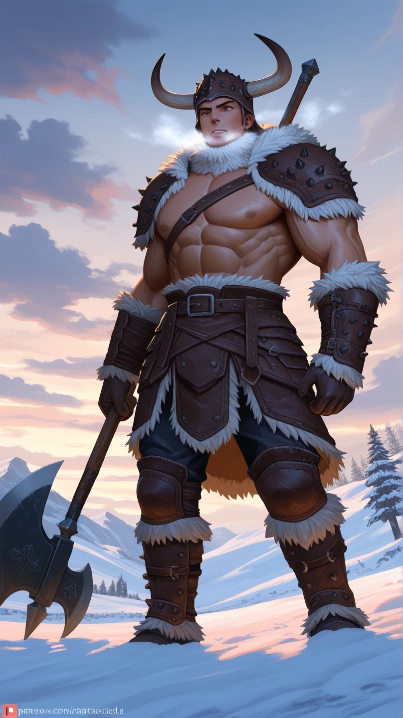 Mighty warrior, shirtless upper body, legs exposed from thighs to feet, cascading long curls, detailed muscular physique, lifelike depiction, 4K resolution. Background: Snow-covered mountain peak,32k uhd, best quality, masterpiece, super detail, high details