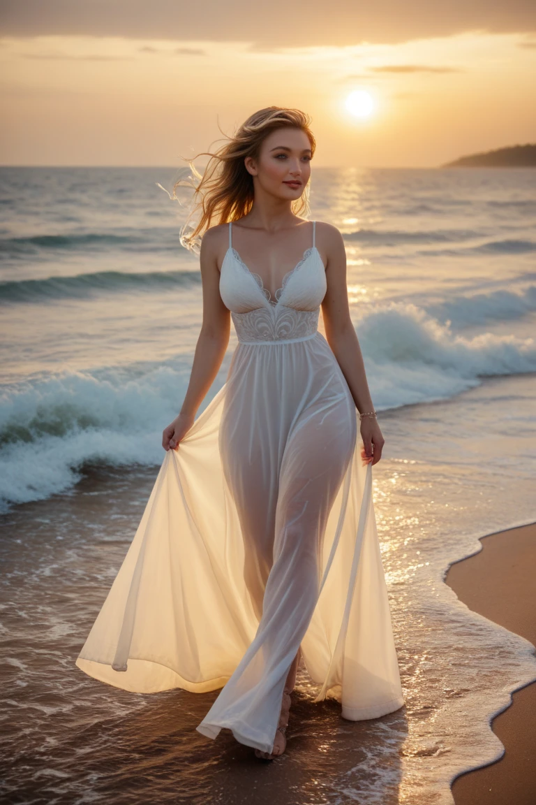 Une jeune femme dans la vingtaine, avec des cheveux roux clairs qui encadrent délicatement son visage et tombent en douces vagues autour de ses épaules, se tient sur une plage isolée au coucher du soleil. Le ciel, teinté de nuances d'orange, de rose et de violet, reflète la chaleur de son teint éclatant. Ses yeux, d’un vert perçant, contrastent magnifiquement avec sa chevelure flamboyante, lui donnant un regard captivant.
Elle porte une robe légère en mousseline blanche, qui flotte légèrement dans la brise marine, accentuant sa silhouette voluptueuse. Ses courbes généreuses sont mises en valeur par ses hanches pleines, ses fesses rondes et sa poitrine ample, dessinant une allure sensuelle et harmonieuse. Le doux murmure des vagues accompagne sa démarche empreinte de grâce et de confiance, tandis que le sable fin sous ses pieds nus crée un contraste subtil avec la fluidité de sa robe.
Ses cheveux roux brillent sous la lumière dorée du crépuscule, ajoutant une touche de magie à la scène. Son regard, tourné vers l'horizon, exprime une force intérieure mêlée à une paisible contemplation, comme si elle était en parfaite harmonie avec la nature environnante.