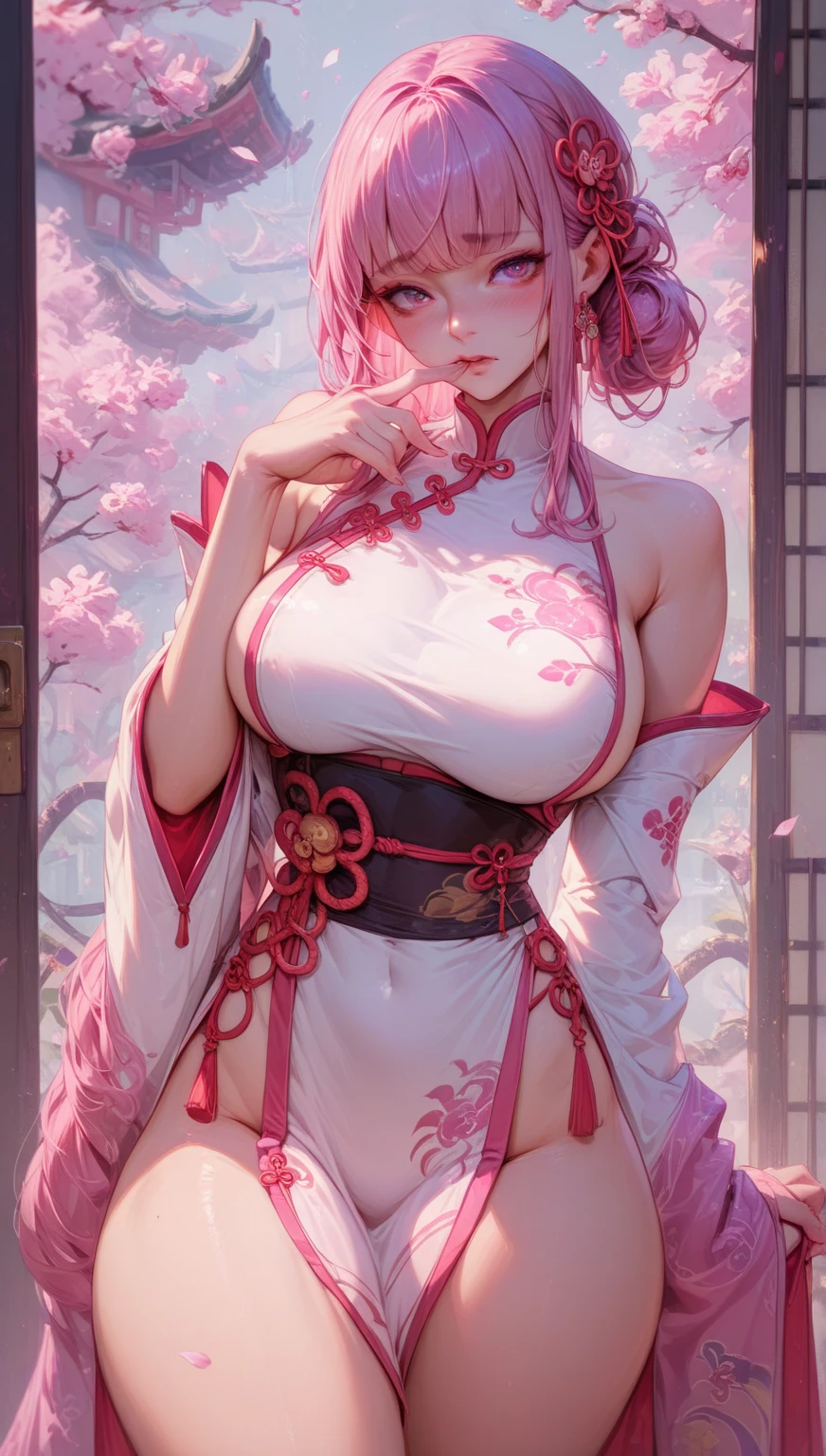 ((illustration)),1girl,masterpiece,absurdres,highres,best quality,high quality,(beautiful detailed aqua eyes),((mature female:1.1)),((milf:1.1)),(Oil_highlights:1.1),make up,parted lips,(shiny skin:1.1),(perfect female body:1.2),dynamic pose,dynamic angle,(gorgeous detailed skin),(white skin),huge breasts, (very detailed background),indoors,pink hair, light smile, street, festival, navel , yaemikodef, kimono, (japanese clothes:1.2),(cherry blossoms print),
(tall female),ray_tracing,intricate details,depth of field, extremely delicate and beautiful,