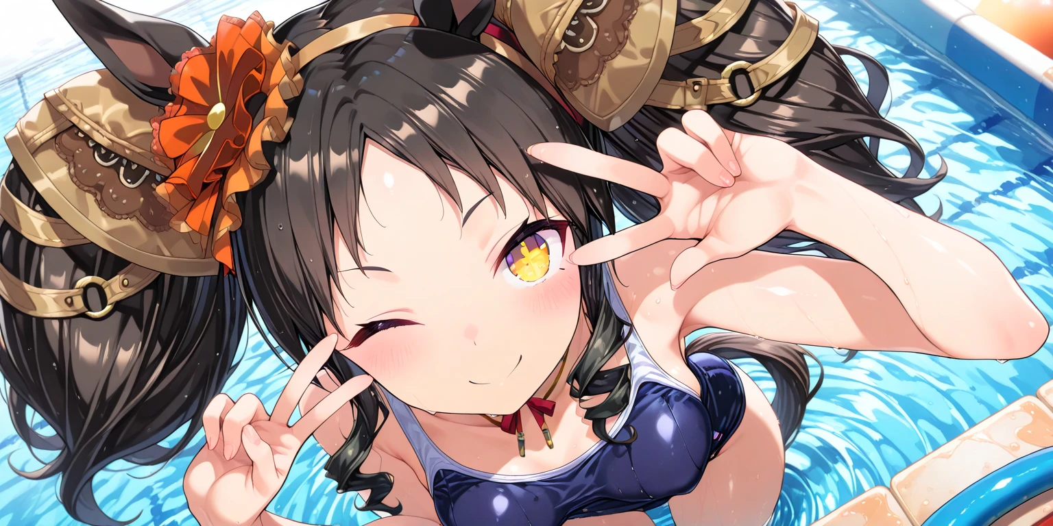 alone, One girl、Crown braids in the same color as your hair, hair ornaments, Hair Ribbon, (White and pink bikini),Red Eyes、Black Hair、(Kissing face with eyes closed on the viewer:1.3)、(blush:1.4)、C cup breasts、(The entire screen is underwater)
