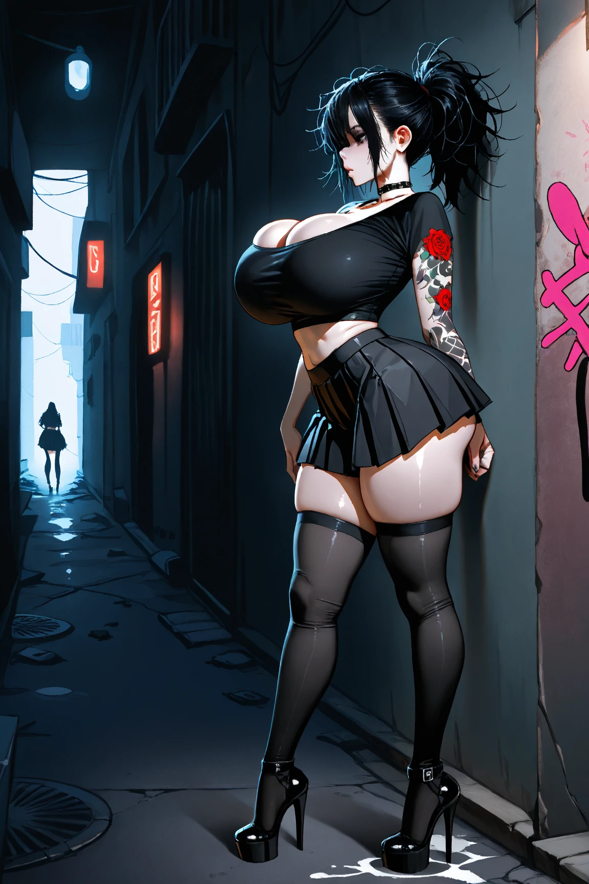 1girl with long black hair, big breasts, green eyes, smile, black bra, black skirt, paint on skin, street art on background, skirt get up, no panties, show pussy, hairy pubes