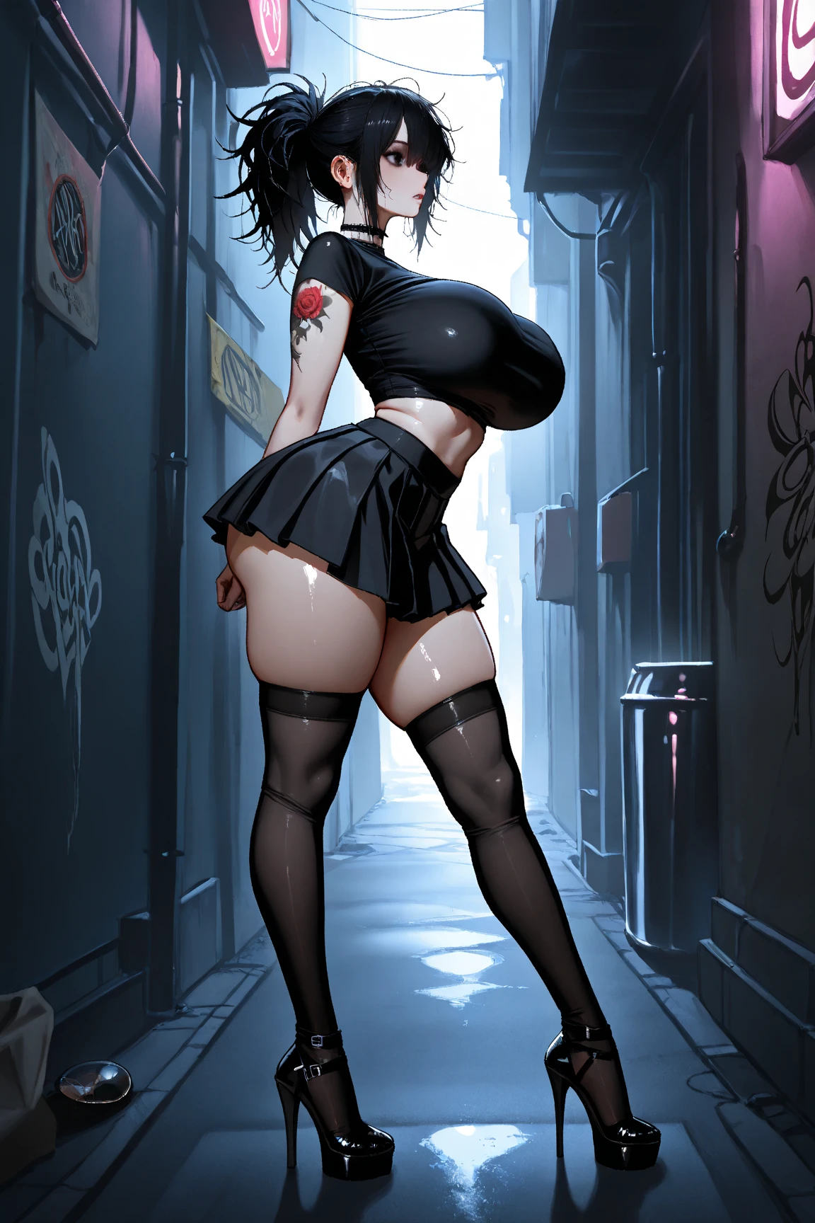 (Fatal Frame Crimson butterfly), (Full body photo:2), (1 Laura/woman and a ghost of a zombie/ghost woman with her decomposing body behind her:1.5), Laura is wearing a black fabric high school student outfit and a short skirt:1.5), (she has large breasts:1.8), (extremely beautiful:1.5), (she has short black hair:1.5), (red eyes:1.5), (red lipstick on her mouth:1.5), (she's holding an old Camera Obscura:1.5), (she's in an old Japanese village at night, raining heavily:1.5), (her clothes are soaked in transparent water and her hair is all soaked in water:1.5), Fatal Crimson Butterfly Frame, anime, Terror, 16k, best quality, highres, high details, UHD, masterpiece