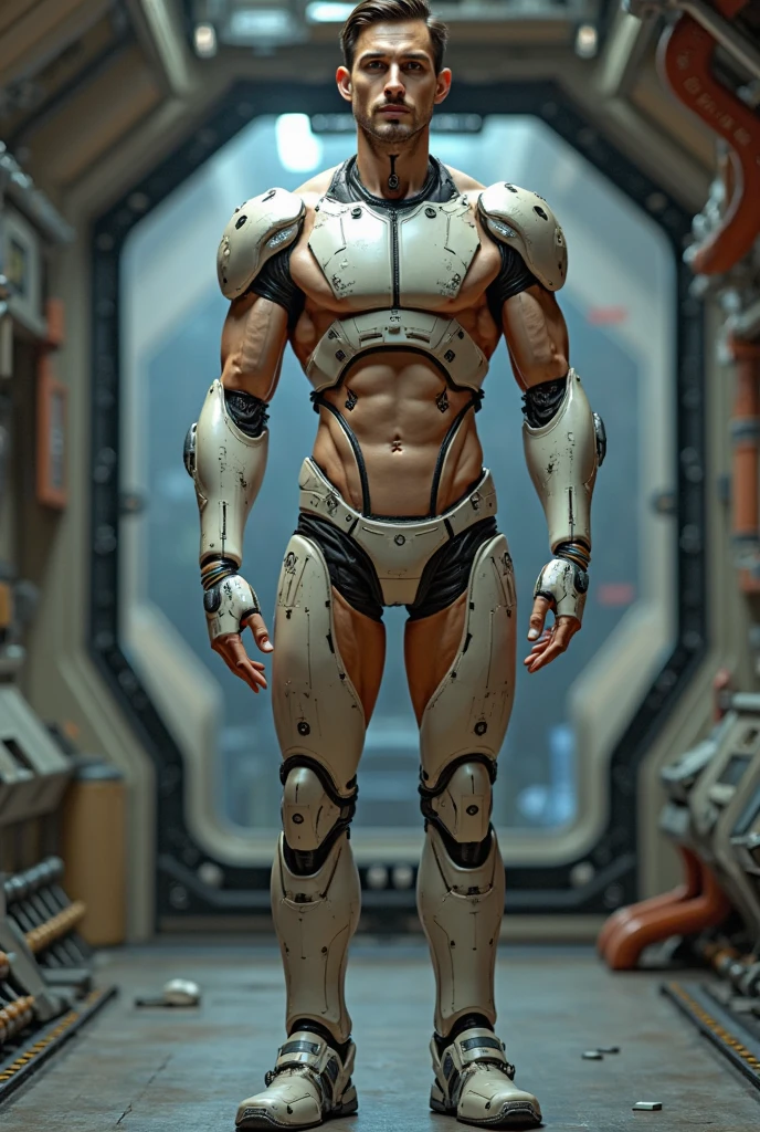 RAW photo, (full body shot), ((cybernetic)) artificial organism similar to a young ((18yo man)), bald heads, muscular slender relief body, bulged six pack abs, beautiful young face, plump lips, in full growth standing tall on a spaceship, ((masterpiece)), ((bestquality)), 8k,high detailed, ultra-detailed, Neutral Expression, Stylish Pose, real skin texture, cinematic lighting, (full body shot) , (natural pose:1.2) , (detailed beautiful skin:1.2) , (beautiful detailed face:1.2) , textured skin, (detailed face and eyes:1.3)