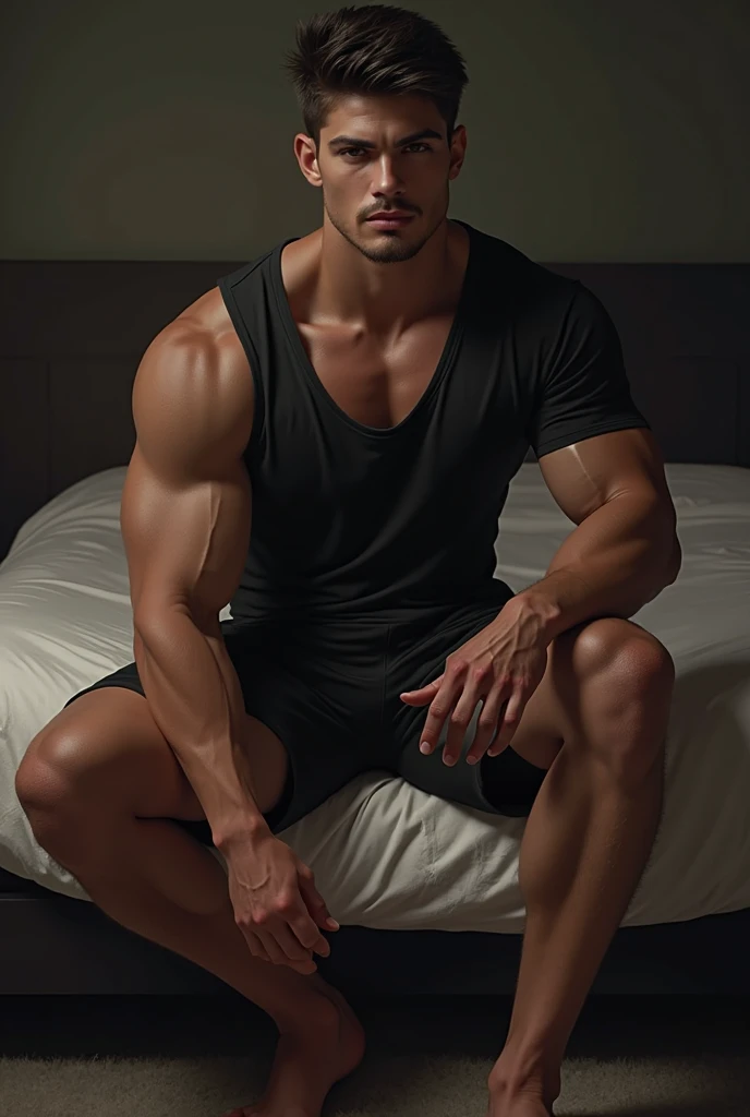 Um rapaz sentado em uma poltrona em um quarto, He is shirtless revealing scars across his muscular abdomen, His eyebrows are thick and his eyes are dark looking at the viewer. Sexy, foto sexy, alta qualidade