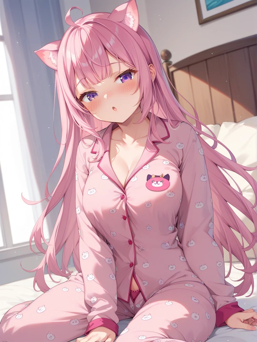 masterpiece, best quality, 1girl, (pink hair, long hair, cat ears, pink eyes:1.2), cute, (bedroom, laying down on back:1.1), (buttoned pajamas:1.2), (curvy:1.1)