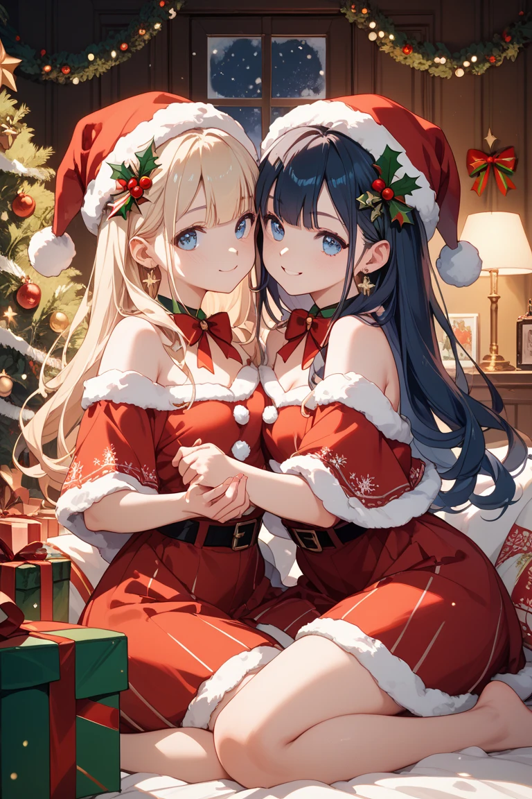 ((((2filles))), cheveux longs, Couleur, detailled eyes, Sparkling pupils), grosse poitrine, clivage, christmas, Vêtements du Père christmas, Decoration of Father christmas in the trees, dans la chambre, decoration of christmas, dans le lit, de retour sur le lit, Bouche avoir une sexual activity with a deuxième fille, chaud, Adolescentes), coucher de soleil, Lens rash abuse, aberration chromatique, High detail, Anime, romantisme, op art, profondeur de champ, Flou de mouvement, glowing light, grain du film, UHD, retina, Precise, Masterpiece, anatomiquement correct, textured skin, super detail, High Details, High quality, award winning, Best quality, high resolucion, 16k