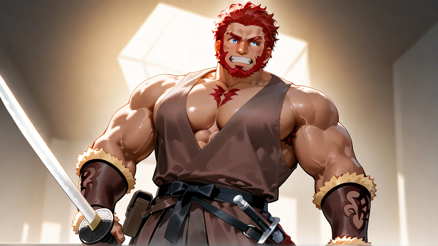 masterpiece, best quality, ganondorf, bara, red hair, long hair, beard, red eyes, colored skin, dark skin, (muscular), pectoral, abs, jewelry, looking at viewer, squatting, depth of field, (gym background) <lora:GanondorfTOTK:1>