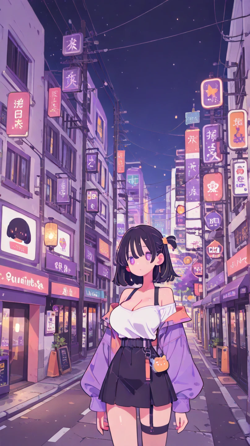 City street, road, cars, buildings, neon lights, nighttime, night sky, lights, 1girl, mature female, dress,brown hair, solo focus, large breasts, solo, looking at viewer, handbag, smile