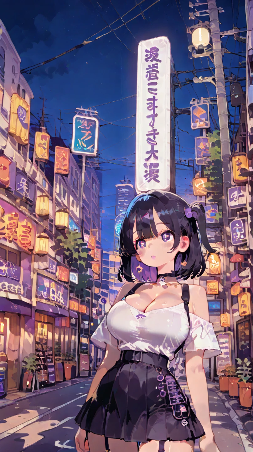 (8K、Highest image quality、highest quality、masterpiece)、detailed face、1 girl、black hair、medium hair、gray eyes、evil smile、((grin))、big breasts、Plump body shape,(nude:1.5)、cowboy shot、night city background
