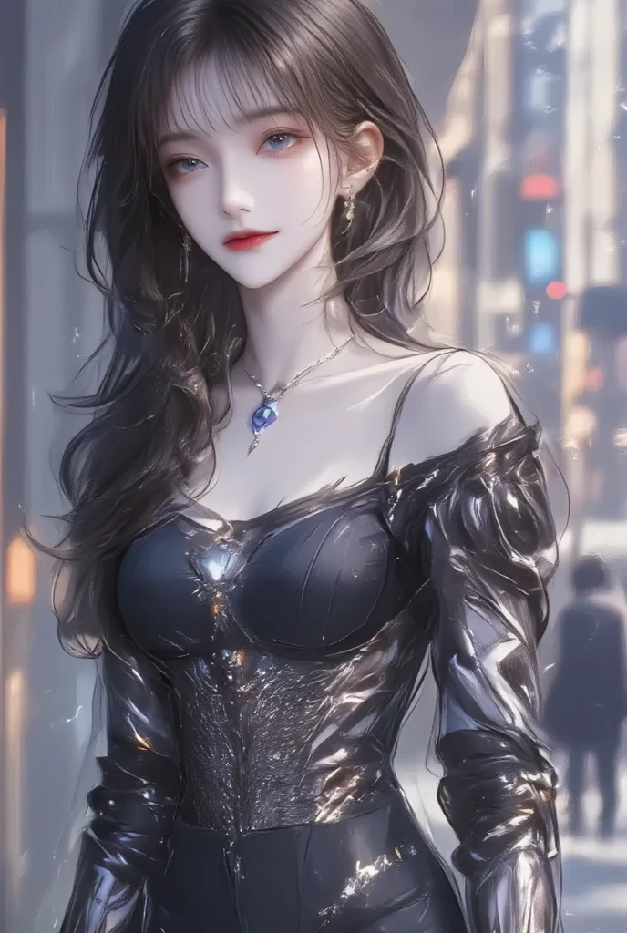 1girl, the boss of the company, long black wavy hair and gray eyes, tall, thin, sexy, contempt and arrogant and elegant, behind her from the 21st century there is a window showing various buildings in the city, (black translucent suit jacket open front, pink bra)), lower body slender,