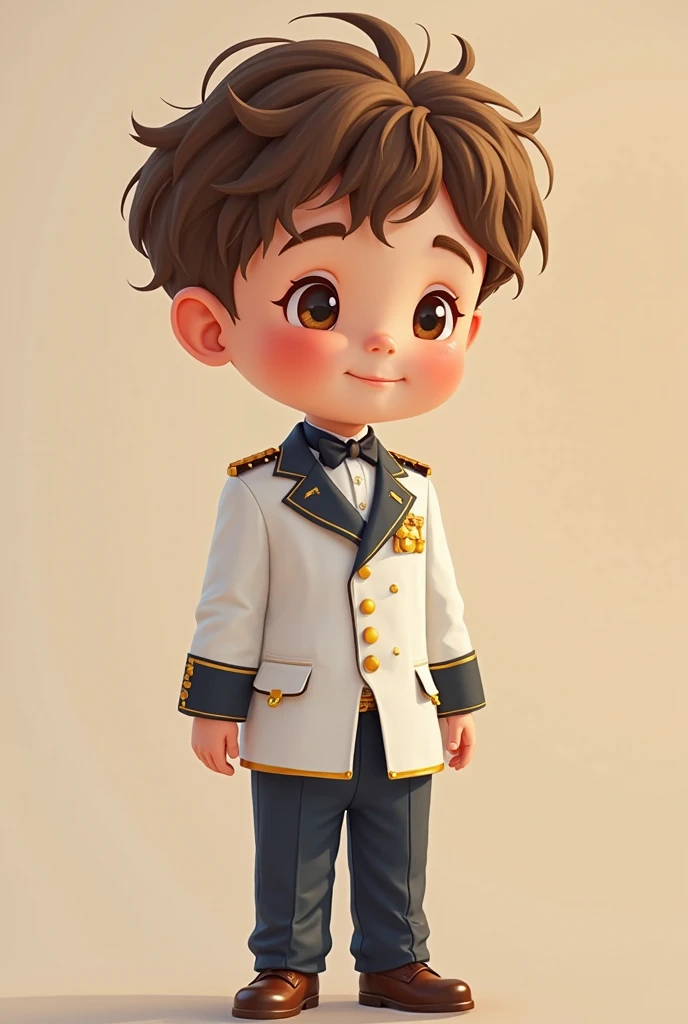 Draw a 3D character of a 10-year-old boy, below is the writing Juan with a characterful and firm font, wearing a white uniform with a red and white badge in the background, with a salute pose like a hero. Add the Garuda symbol and flowers around him, realistic, HD