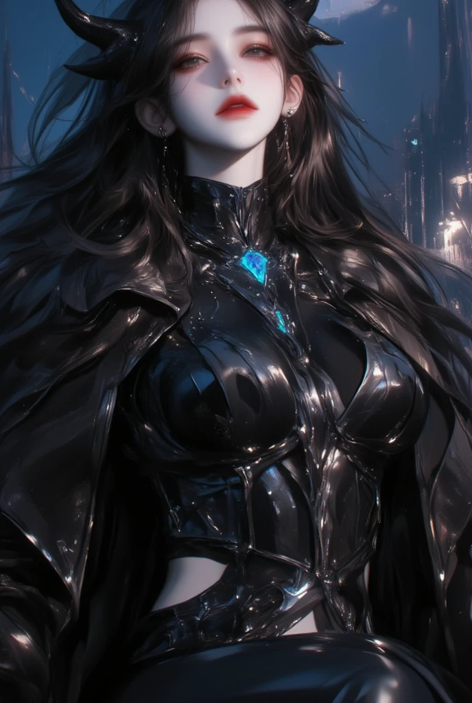 best quality,4k,portrait,painting,ultra-detailed,(realistic,photorealistic,photo-realistic:1.37),dark colors,sharp focus,studio lighting,psychopathic smile,raven haired girl,beautiful detailed eyes,extremely detailed face,black veins across her face,yellow glowing eyes,thin metal suit,beautiful figure