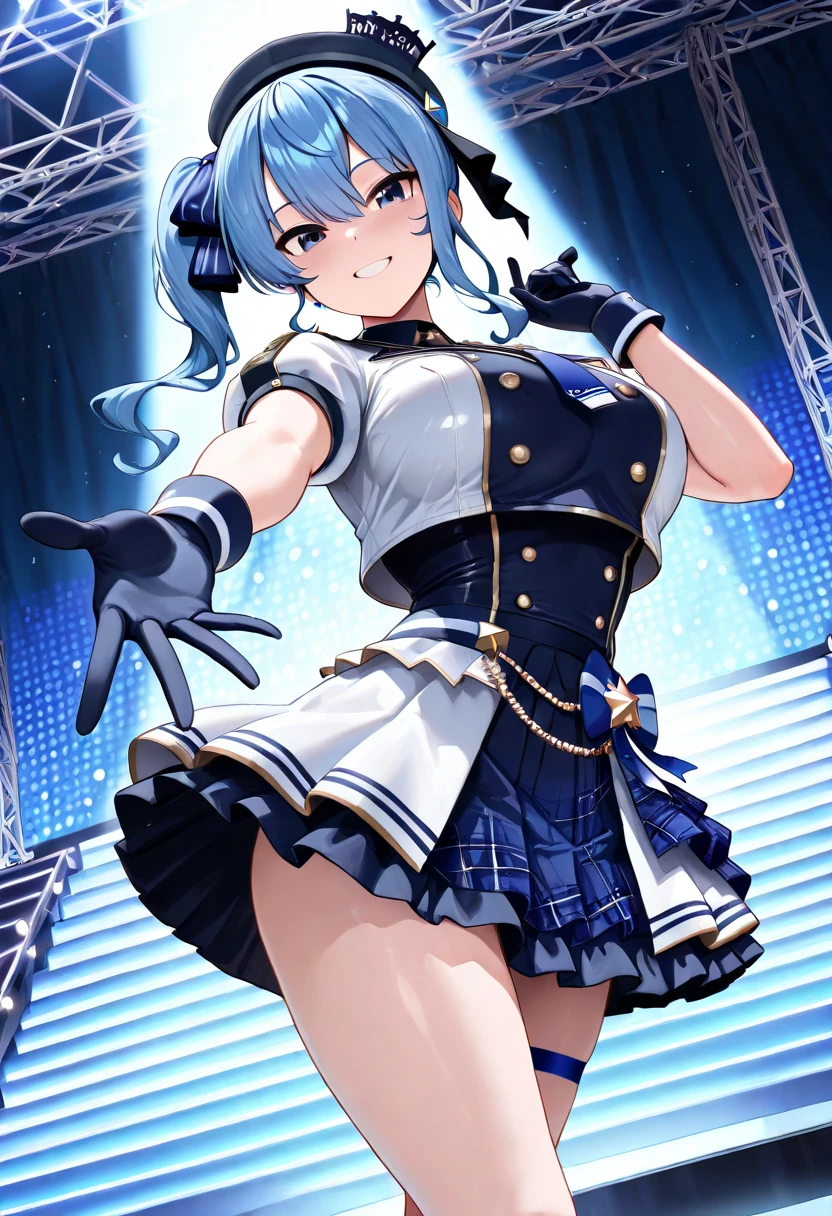 1girl,18yo,perfect hands, perfect finger,perfect anatomy, masterpiece, best quality,realistic, hyperrealistic, 16k hdr,, aamii, short hair, black hair, blue eyes, (glasses), (random sailor senshi uniform,ultra miniskirt:1.3),outdoor,standing,(sweat:1.1),(happy smile),large breasts,cleavage,erected nipples,(sexy pose:1.2),spread legs,from below,navel,