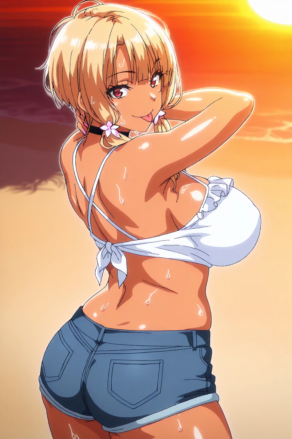 best image quality、high quality、girl,urusei yatsura cosplay、Tiger Print Bra、tiger print shorts、Tiger Print Clothing、devil&#39;s horns、Sexy Cosplay,In the sky、青In the sky浮かぶ、(((空から舞い降りるgirl)))、Body floating in the air、View from the air、blue sky、glare of the sun, strong wind ,(Laughter:1.1), , (wide open eyes:1.2)、Bokeh, written boundary depth, blurred background, Senzoku Nishikigi、Blonde short bob、red eyes
