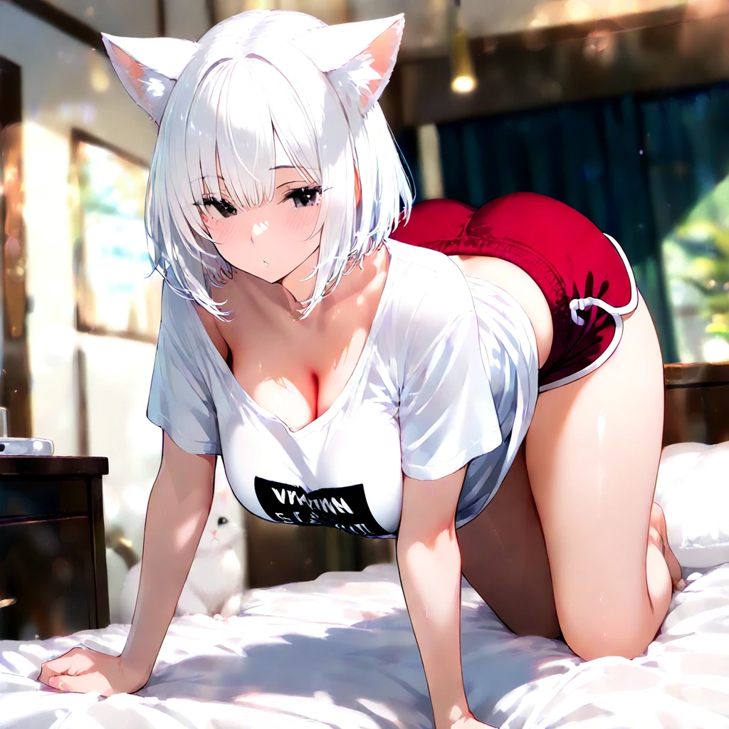 masterpiece, high resolution, high quality, NSFW, nurse uniform, hospital room, night, big breasts, cat ears, yellow eyes, gray hair, twin tails,