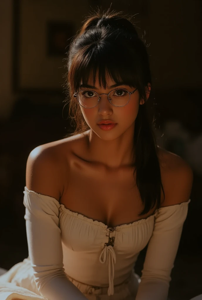 ((Highest Quality、masterpiece、high sensitivity、high definition、detailed depiction、depicting a delicate face、Fvalue:6.0),((Slender Woman、wearing glasses)),ponytail、ribbon、gothic ta、 smiling and 、kneel、