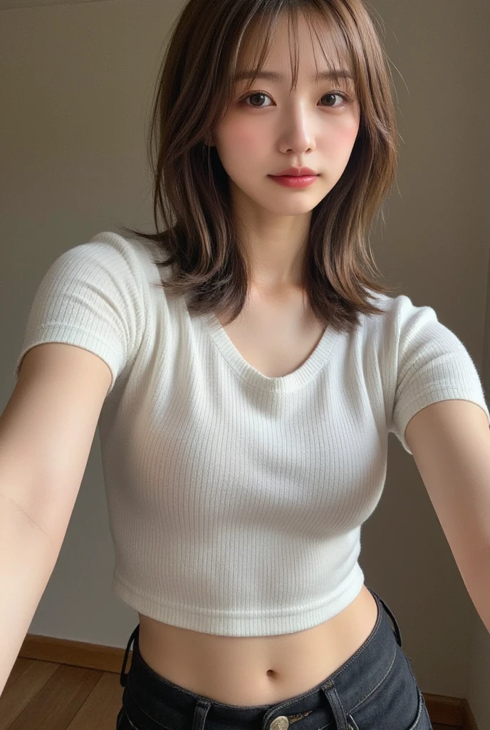 highest quality, Photoreal, finely, High resolution, 8k wallpaper, detailed and beautiful eyes, shortcut、bob hair、brown hair、brown eyes、big breasts,、Tight tee shirt、shorts、25 years old、(Hanging eye 1.3)、adult beauty、young japanese、Big eyes:1.2、double eyelids、eyelashes、sharp outline、Shiny skin、toned body、slim body:1.2、living room sofa