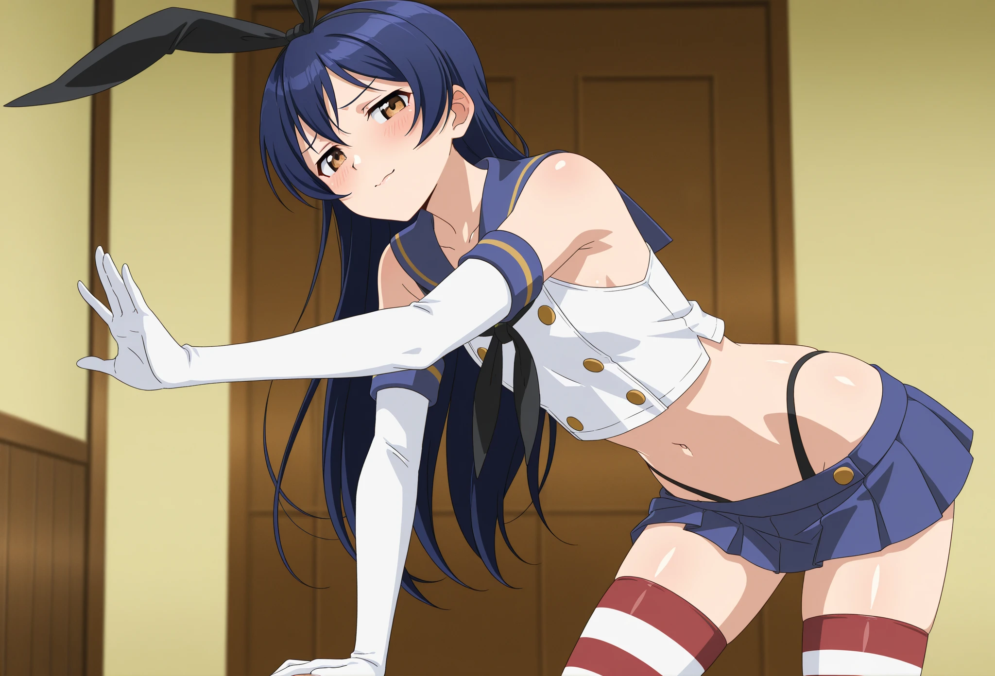 (masterpiece), (highest quality), (Super detailed), realistic, (best illustrations), (very delicate and beautiful),1 girl, alone,cool breeze KC, blue ribbon,twin tails, hair ribbon, classroom background, smile, detailed iris, low twin tails, long hair, green eyes, (panties), (bra), (white underwear), In underwear, full body figure ,((nsfw)),flat chest,small breasts