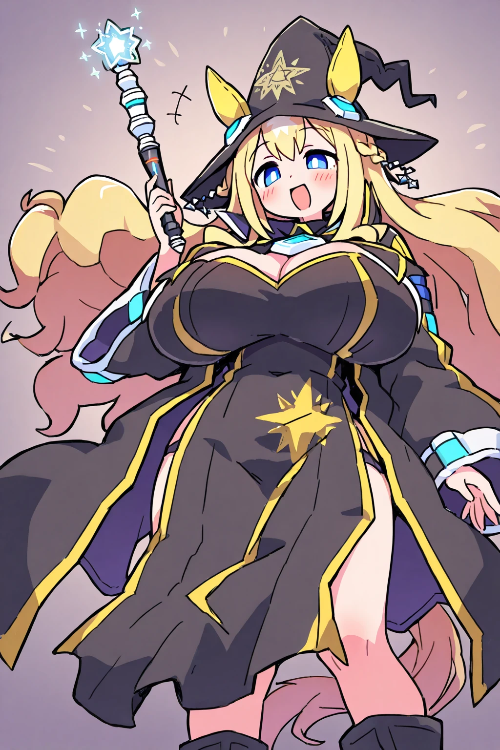 masterpiece), Highest quality,
One girl, (Ultra-high resolution:1.6), (eyelash:1.5),
(Exquisitely detailed body:1.2),
Yellow Hair,
(bangs:1.1), (ponytail:1.1),
Purple eyes, (Gothic Makeup, Red lipstick, eye shadow:1.1),
(Pale skin:1.1), (Huge breasts:1.8),
Grin, Open your mouth,
(Gold embroidered bodysuit, Belly button cutout, tattoo:1.2), (pantyhose:1.2),
(Witch Costume:1.2),
(ribbon:1.1), (jewelry:1.1), gloves,
Are standing, peace,
(whole body:1.1),
( White Background:1.2)"、Obscene lines、(お腹にObscene lines)お腹にtattoo