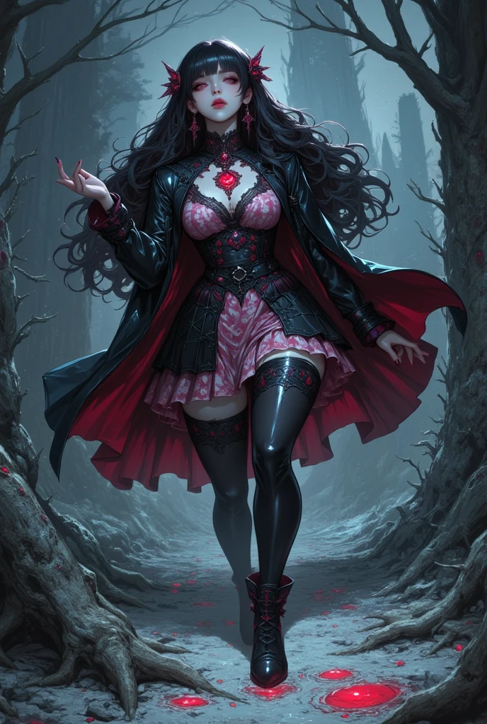 ((masterpieve, best quality, highres, UHD, perfect pixel, depth of field, 4k, RTX, HDR)) 1girl, solo, beautiful woman ((long hair, bangs, wavy hair, black hair, super long hair)) big beautiful eyes, plump lips, sexy smirk, smug smirk, blood dripping from lips, gothic clothing, black blouse, short frilly skirt, ripped leggings, blood on hands, emo aesthetic, punk goth aesthetic, standing in forest, dark gloomy forest, bloody mouth, medium breasts, blood splatters, holding bloody knife