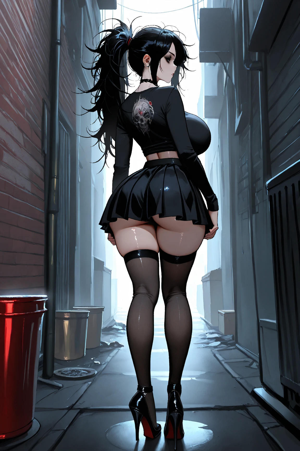 1girl with long black hair, big breasts, green eyes, smirks, black bra, black skirt, paint on skin, street art on background, skirt get up, no panties, show pussy, hairy pubes