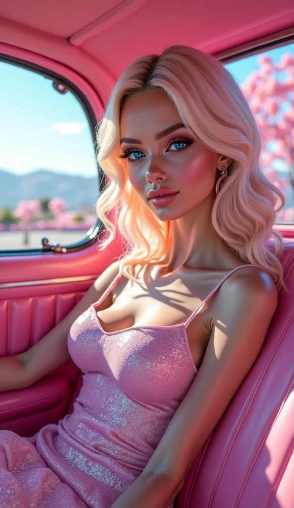 1 beautiful, realistic woman, big eyelashes, painted lips, drooling asleep, sweating, asleep with her mouth open, snoring, asleep lying on the bus, head resting on the seat, eyes closed, eyelids painted, face made up, beautiful body, dressed in a sequined dress; lipstick, full body, looks like singer Adele.