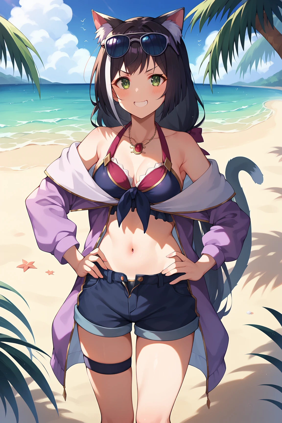 (masterpiece, highest quality;1.3), very detailed, 1 girl, alone, fine skin, looking at the viewer, black skin, smile, hungry, big breasts,cowboy shot, nadia,dark purple hair, white bandeau swimsuit, red vest,Gold collar, Necklace with large light blue gemstones, walk,