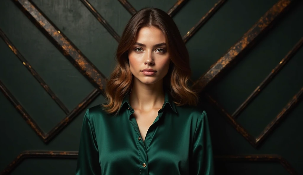 Portrait of a woman wearing a green oversized shirt, white background, model studio, photography, stunning style