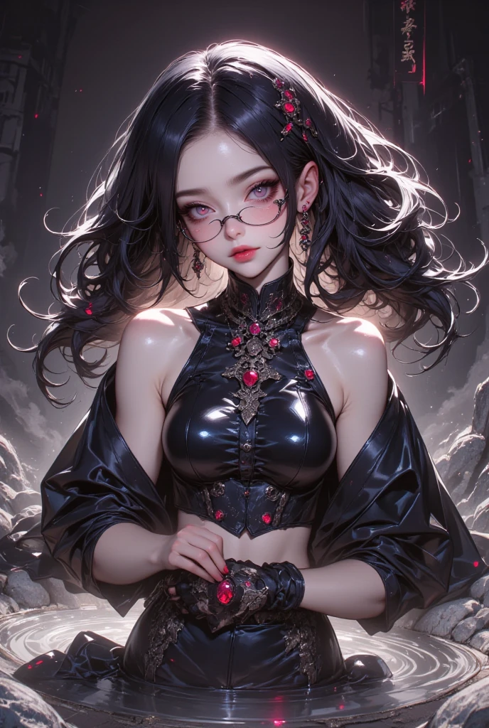 Fine、(The best illustrations)、8k UHD resolution、intricate-detail、top-quality、realisitic、ultra-detailliert、The best lighting、Best Shadows、Soft lighting、Ulutra HD、Ultra-realistic、Tindall Effect、Photorealsitic、(High Detail Skins:1.2)、 (Intricate details, makeup, pureerosface_v1:0.5), (Detailed beautiful delicate face, Detailed beautiful delicate eyes, A perfectly proportioned face, High detailed skin, Detailed skin, best ratio four finger and one thumb, arms below breasts, Tattoo with a red glow under the stomach、Awesome awesome, wide hips, smooth midriff, skiny and thin, __Fashion__, __hair__:1.25)、Digital SLR、 absurderes、1 beautiful devil woman from hell, surreal female portraits by David Hockney and Alphonse Mucha, Portrait of a seductive woman、Fantasy Art, Chinese Doll、Chinese actress、Dungeon、The dragon、Devil's Palace、Devil's Torture Chamber、natta、Dark style 、In the Dark、(Detailed spooky backgrounds:2), magia、 女の子1人、Evil Nun、Dark Necromancer、Succubus、Devil's Daughter、Umi Shinonome、Bat Wings，(((Demon Horns)))、 ((((Huge glasses, Otaku Glasses, thick glasses, Round glasses)))),(((Colossal tits)))、(Devil's Tail)、(red eyes glowing:1.6)、red eyes make up very sharp and detailed, The eyes are very well made up, ((Red Eye:1.0)),intricate tattoos, demonic intricate tattoos, thigh tattoos, body tattoos, ​masterpiece、The most beautiful face、a baby face、Charming smile、plump beautiful red lipuscular seductive body、The enchanting body of the devil、devil style、Seductive Black Magic Costume、(((A shiny red snake is wrapped around her body)))、The long-haired、Braids、A dark-haired、Ponytail distortion、, Ponytail with a bow tied at the back of the hair, Beautiful expression、Body Up、Large breasts emphasis、Bust,  Super tight breasts, Breast augmentation surgery, The breasts are very big and round and round,Toned waist、Wide buttocks、 lowkey, cowboy lens, (Black Phoenix Dress: 1.0),  devil crown,  Red sparkling gemstone necklace、Jewelry Gwise,  wearing black mesh socks,Wear light red、nffsw, 